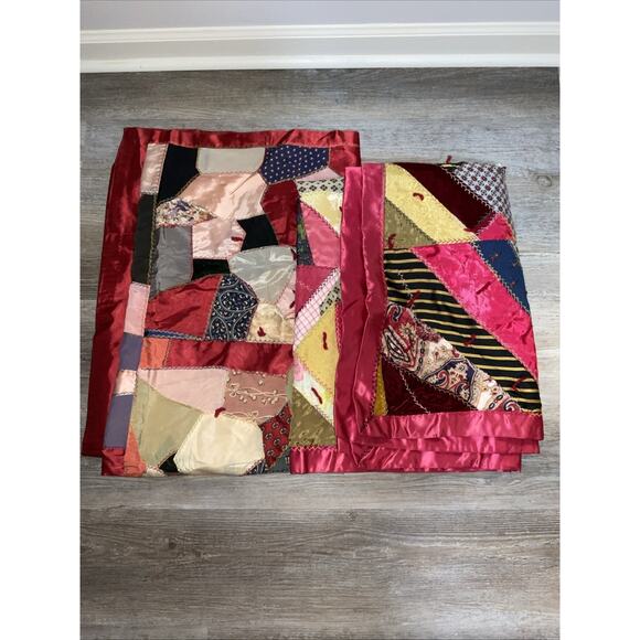 VTG VINTAGE 1960S HANDMADE SCRAP CRAZY QUILTS PINK & RED